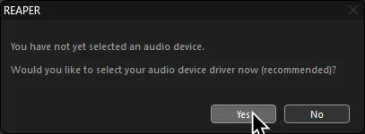 REAPER warning the user that they haven't selected an audio device.