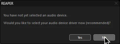 REAPER warning the user that they haven't selected an audio device.