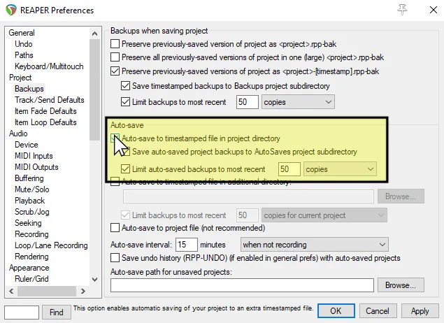 REAPER's Preferences showing the Backups section.
