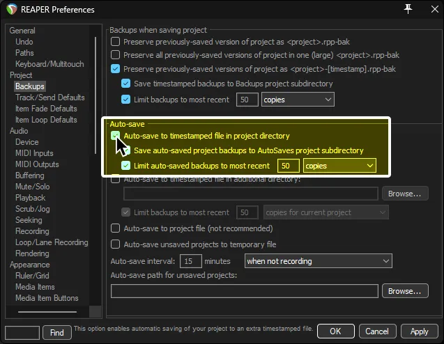 REAPER's Preferences showing the Backups section.