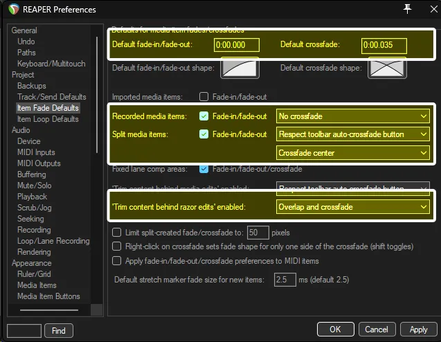 REAPER's Preferences showing the 'Item Fade Defaults' section.