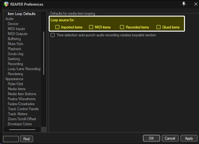REAPER's Preferences showing the 'Item Loop Defaults' section.