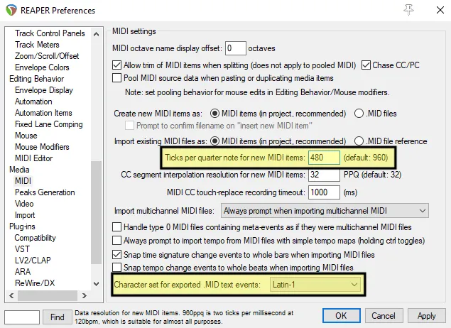 REAPER's Preferences showing the MIDI section.