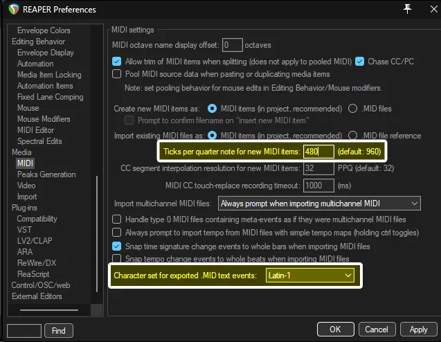 REAPER's Preferences showing the MIDI section.