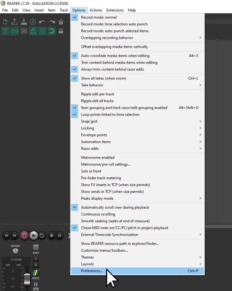 A cursor over 'Preferences' in REAPER
