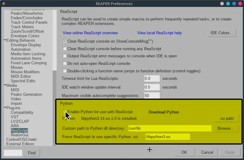 REAPER's Preferences showing the ReaScript section.