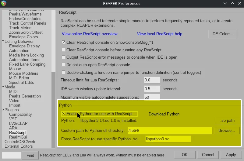 REAPER's Preferences showing the ReaScript section.