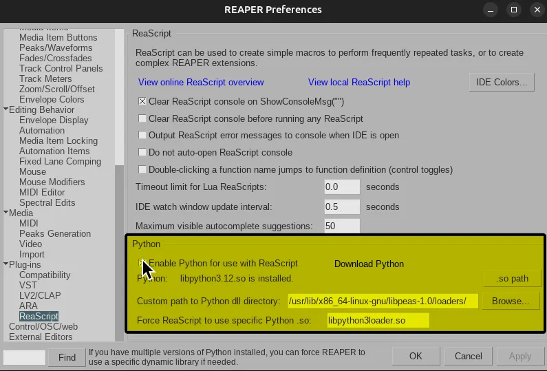 REAPER's Preferences showing the ReaScript section.