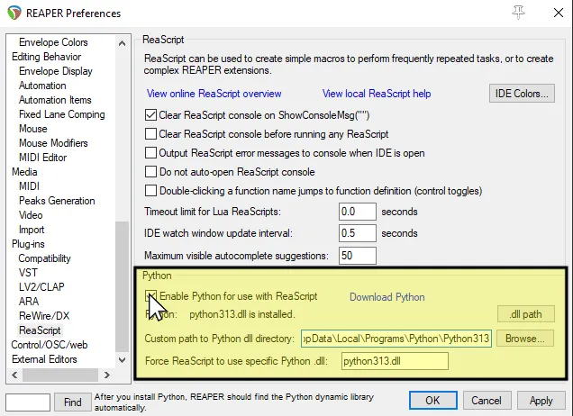 REAPER's Preferences showing the ReaScript section.