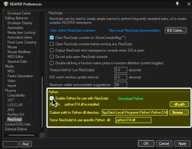REAPER's Preferences showing the ReaScript section.