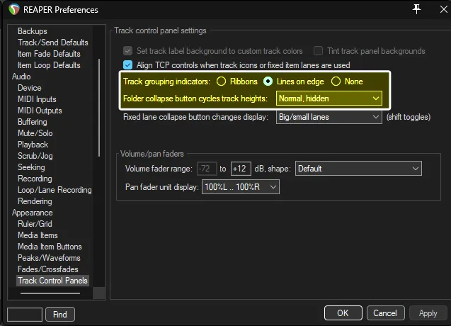 REAPER's Preferences showing the 'Item Fade Defaults' section.