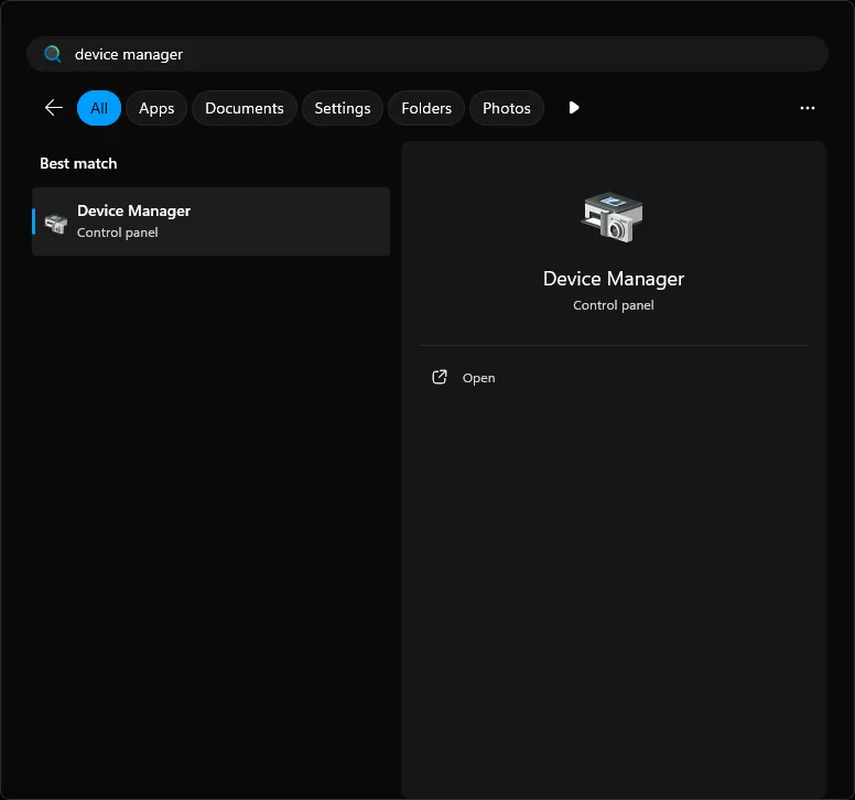 Windows' Start menu, with a result of 'Device Manager'.