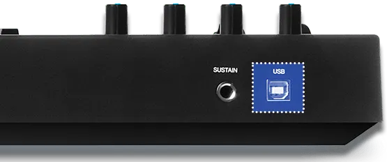 The back of a MIDI controller showing a USB port and a sustain pedal