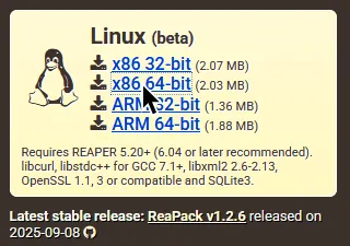 ReaPack's download page, cropped to show the download section for Linux. The cursor is over the 'x86 64-bit' link in the Linux section.