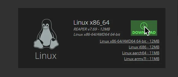 REAPER's download page cropped to show the download button for Linux.