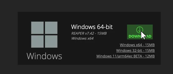 REAPER's download page cropped to show the download button for Windows. The cursor is over the green Download button in the Windows section.