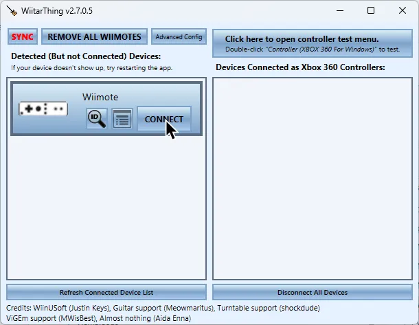 WiitarThing with a cursor hovering over the 'CONNECT' button.
