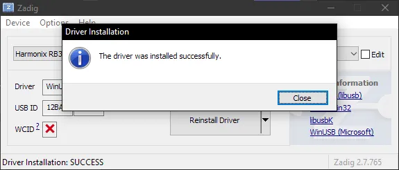 Zadig telling the user that the driver was installed successfully with 'Close' highlighted.