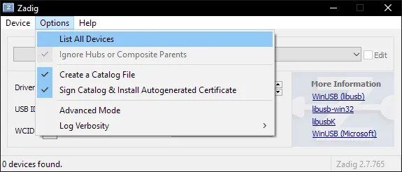 Zadig showing 'List All Devices' under 'Options' highlighted.