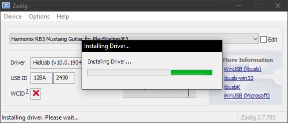 Zadig in the middle of a driver install.